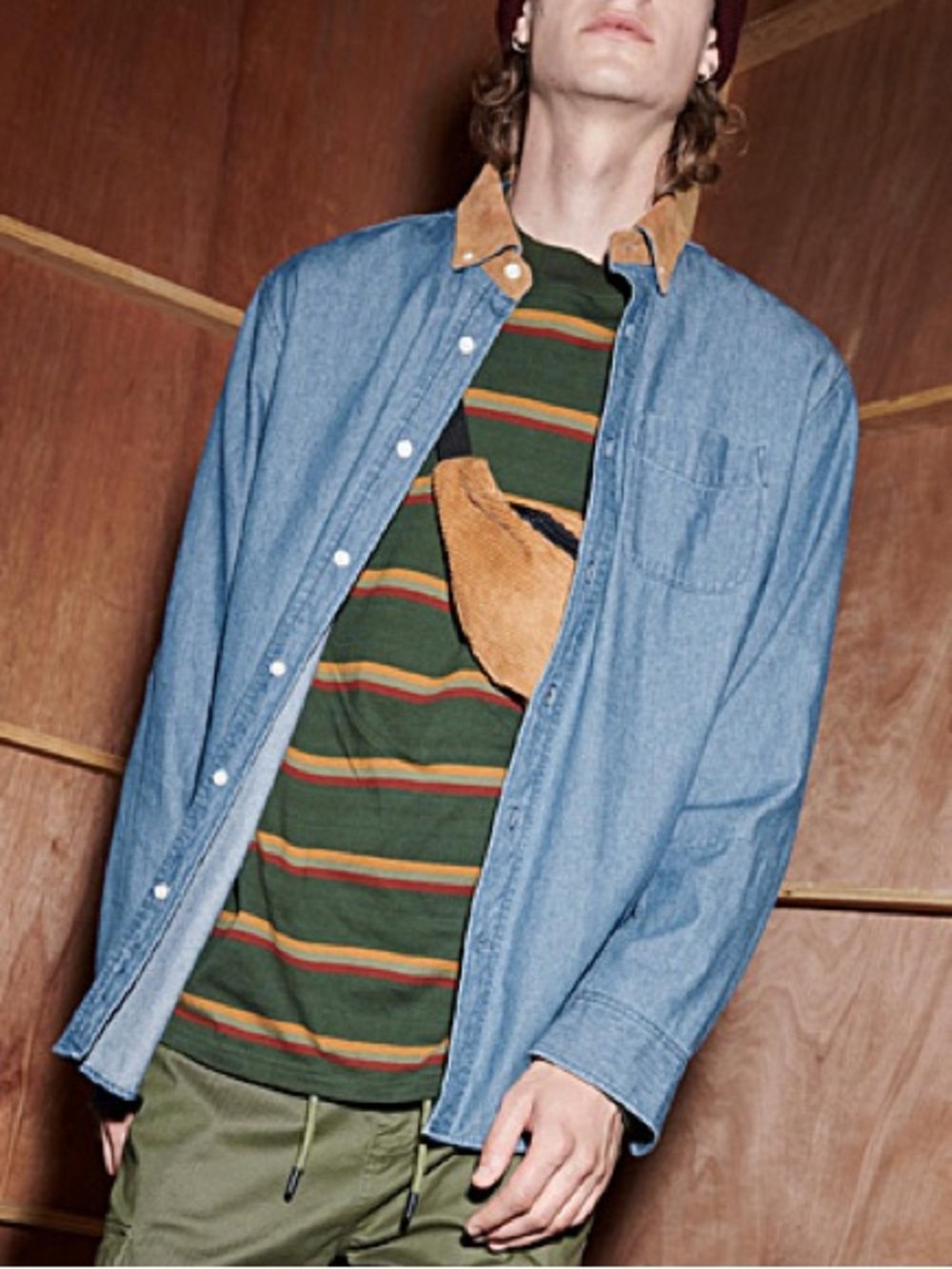 Simons Light Blue Denim Button-Down Shirt with Tan Corduroy Collar